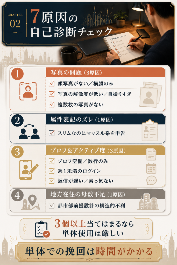 ナイモンで選ばれない7原因を写真3原因とプロフ4原因に分けて整理したチェックリスト型図解