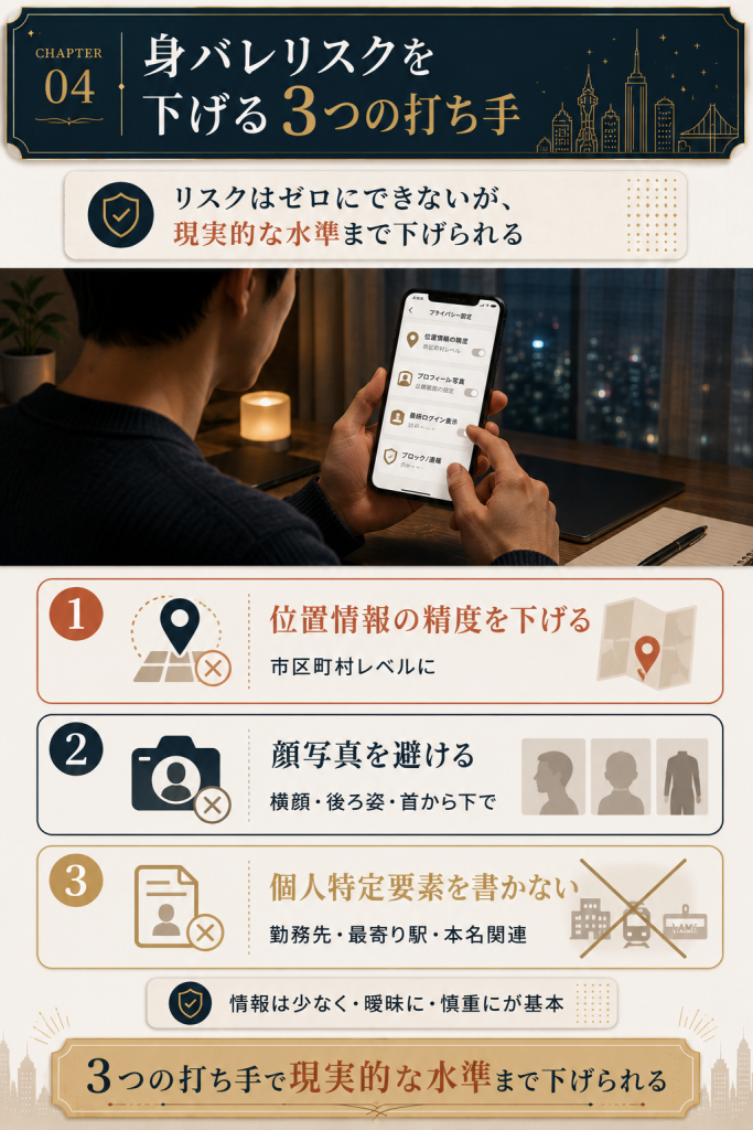 位置情報・顔写真・個人特定要素の3つの身バレ対策をリスト形式で整理した安全対策図解