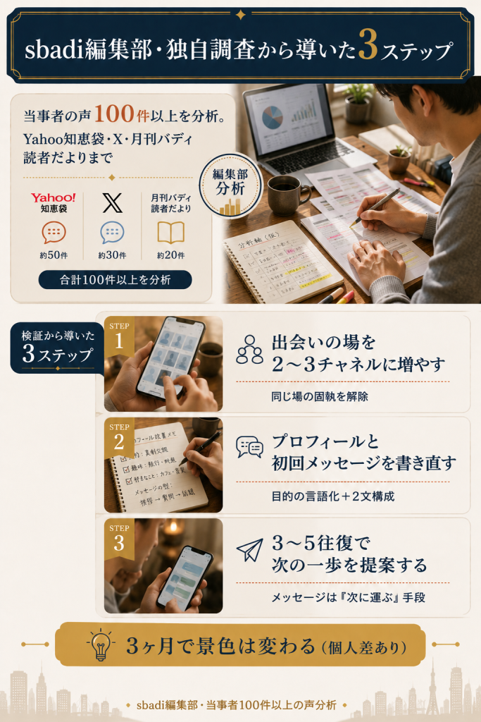 sbadi編集部が当事者の声100件以上を分析して導き出した3ステップ(チャネル併用・プロフィール書き直し・次の一歩の提案)の独自フレームワーク図解