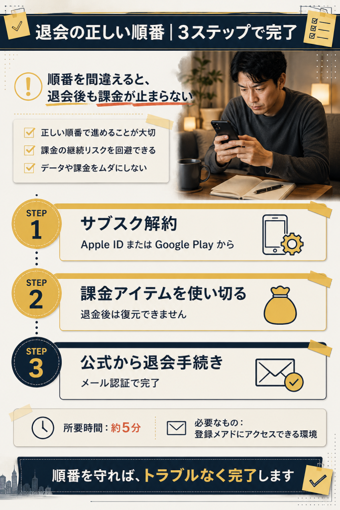 サブスク解約→課金消化→アプリ退会の正しい3ステップフロー図