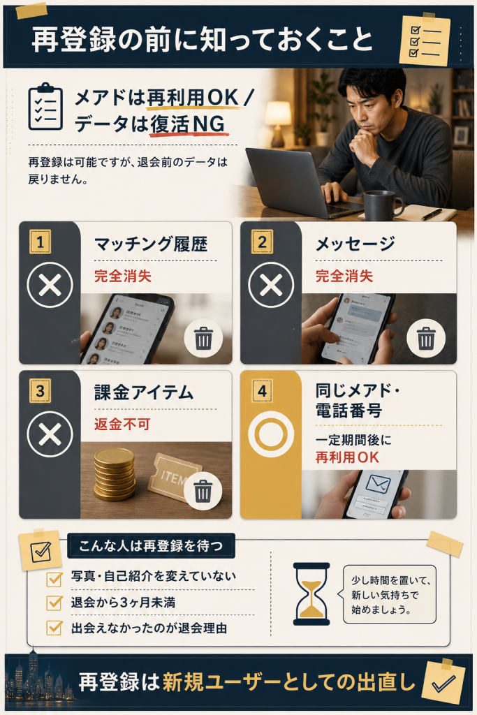 再登録時に戻るもの・戻らないものを分類した解説図