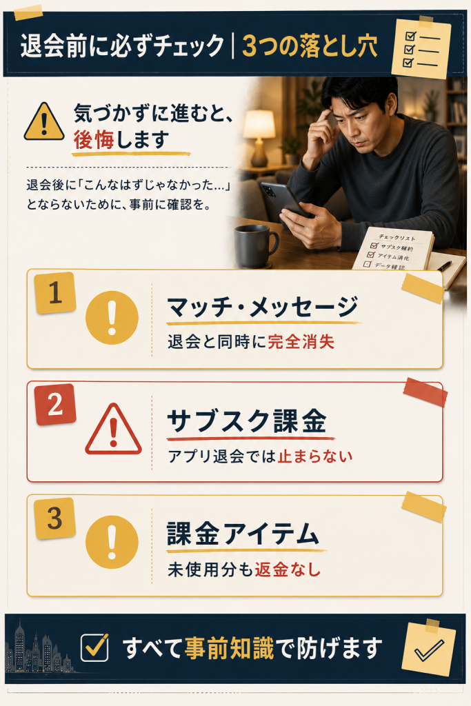 退会前にチェックすべき3つの落とし穴（履歴消失・サブスク二重請求・課金消失）の注意喚起図