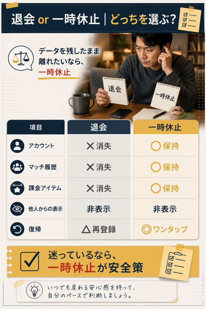 退会と一時休止の違いを5項目で比較した判断軸表