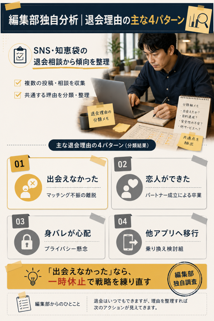 編集部が独自にSNS・知恵袋の退会相談を分析した退会理由4パターン
