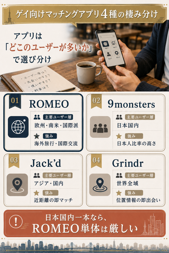 ROMEO・9monsters・Jack'd・Grindrの4アプリの立ち位置と強みの違いを示す比較図