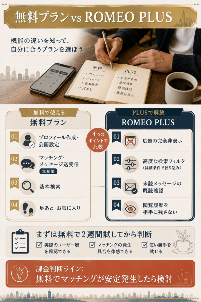 ROMEOの無料プランで使える機能とROMEO PLUSで解放される機能の違いを示す対比図