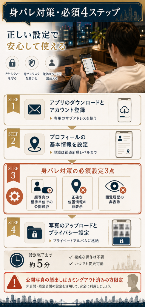ROMEOの登録から身バレ対策設定までの必須4ステップフロー