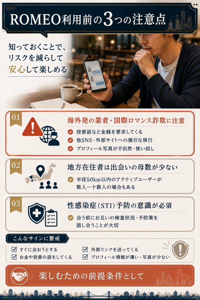 ROMEO利用前に知っておくべき3つの注意点(業者・地方の出会いやすさ・性感染症)