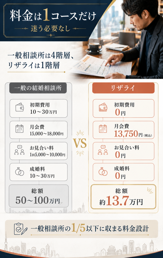 一般の結婚相談所の4階層料金とリザライの1階層料金を対比し総額の差を視覚化した比較図