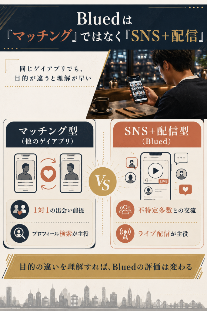 Bluedは『SNS+配信型』、他のゲイアプリは『マッチング型』という構造的違いを2軸で対比した解説図