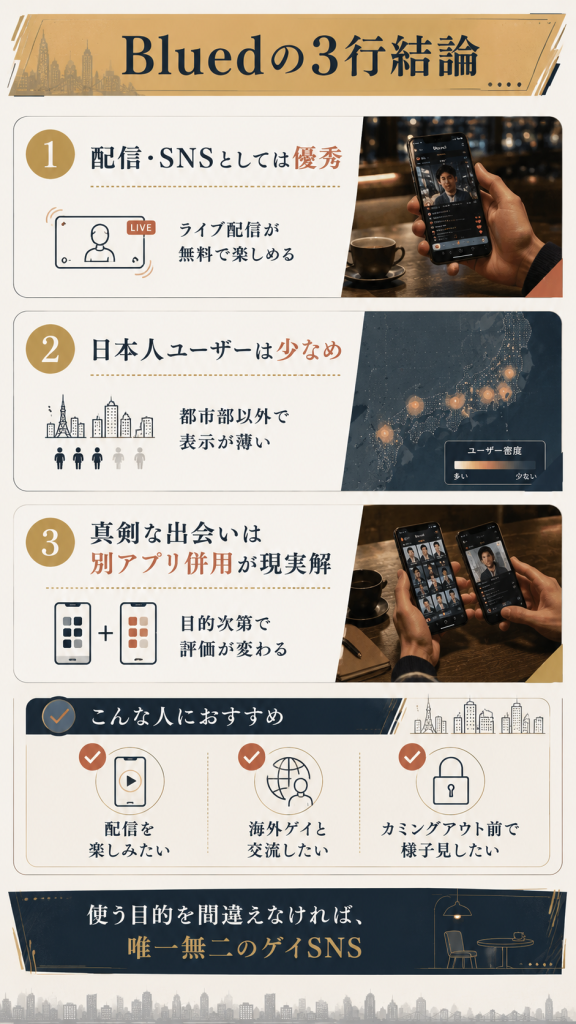 Bluedの3行結論(配信SNSとして優秀・日本人ユーザー少なめ・出会いには別アプリ併用)を3つの要点カードで整理した結論図