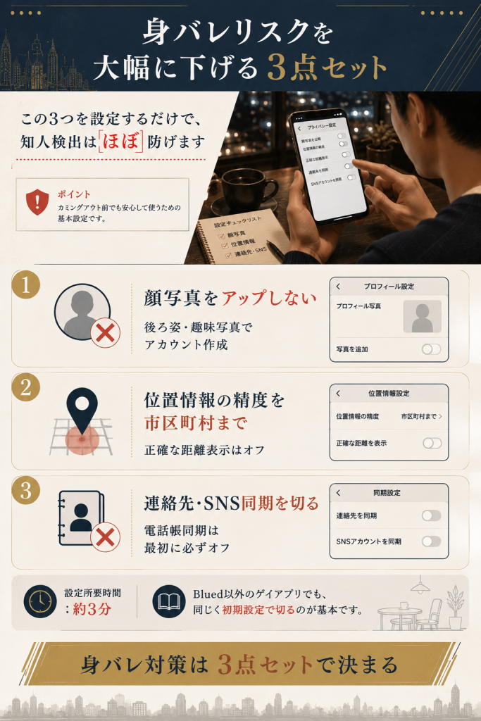 Bluedで身バレリスクを下げる3点セット(顔写真・位置情報・連絡先同期)の設定ステップを順序立てた手順図