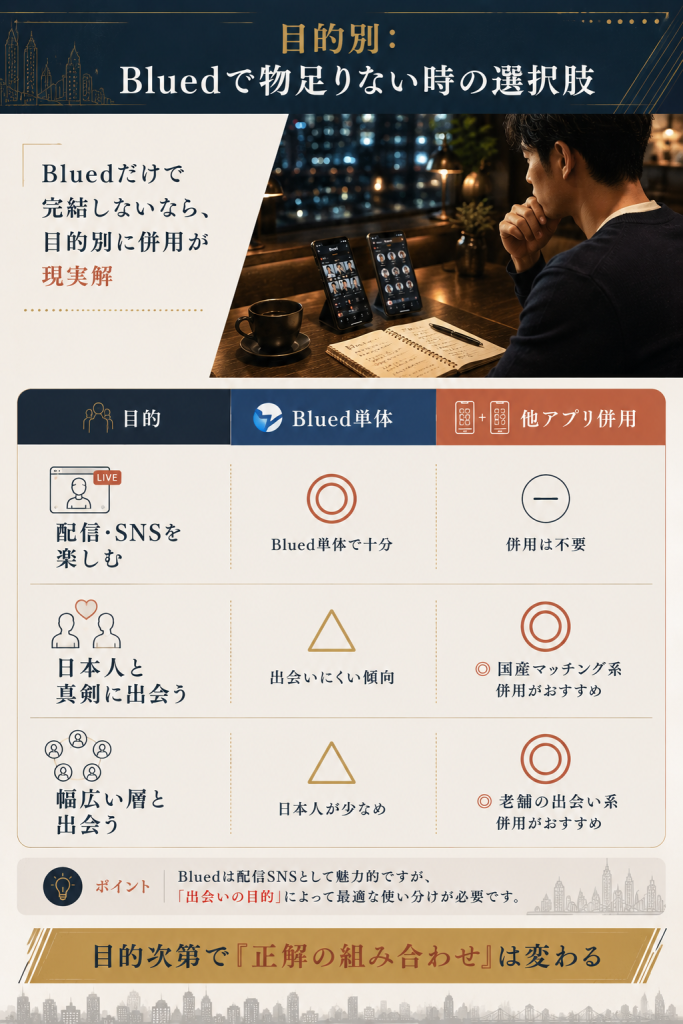 Blued単体と他アプリ併用を、配信・真剣な出会い・幅広い層の3つの目的別に整理した比較表