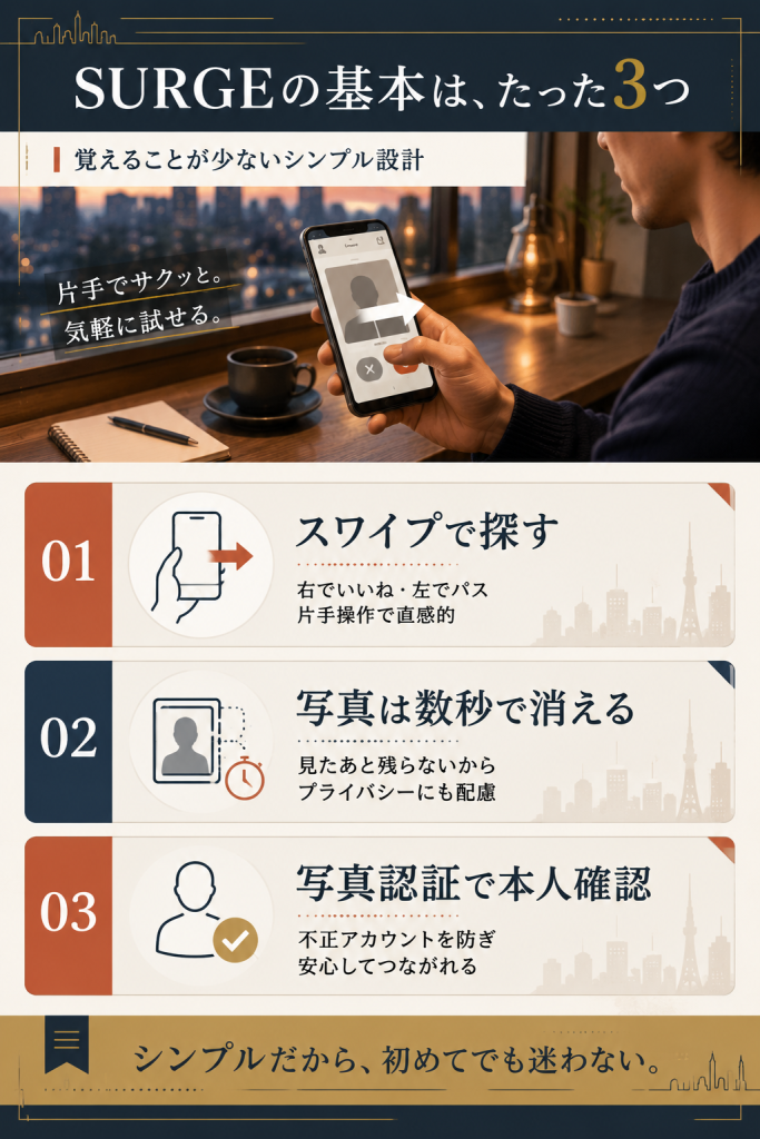 SURGEの基本3点(スワイプ操作・写真は数秒で消える・写真認証)をまとめた図解