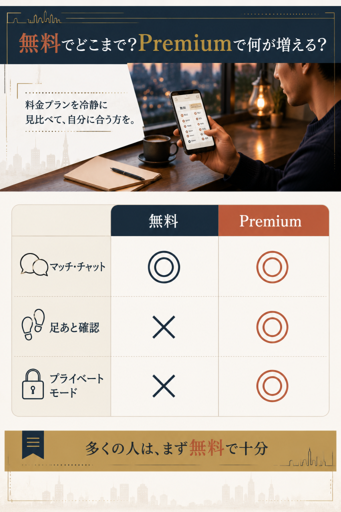 SURGEの無料会員とPremium会員でできることの違いを記号で比較した図解