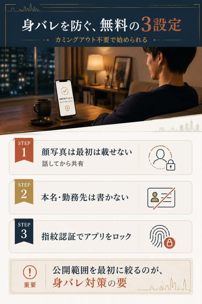 SURGEの身バレを防ぐ無料の3設定(顔写真は最初は載せない・特定情報を書かない・指紋ロック)の図解