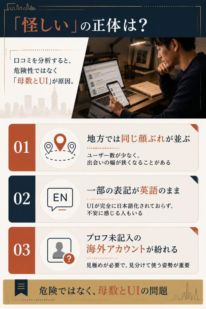 SURGEが怪しいと感じる主因(地方の母数・英語表記・未記入アカウント)を分解した図解