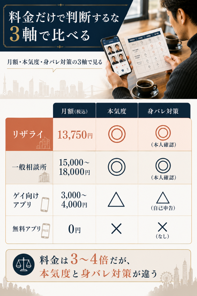 リザライと一般相談所・ゲイ向けアプリ・無料アプリを月額/本気度/身バレ対策の3軸で比較した表