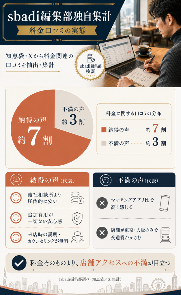 sbadi編集部が知恵袋とXから料金口コミを独自集計した結果7割が納得3割が不満という分布図