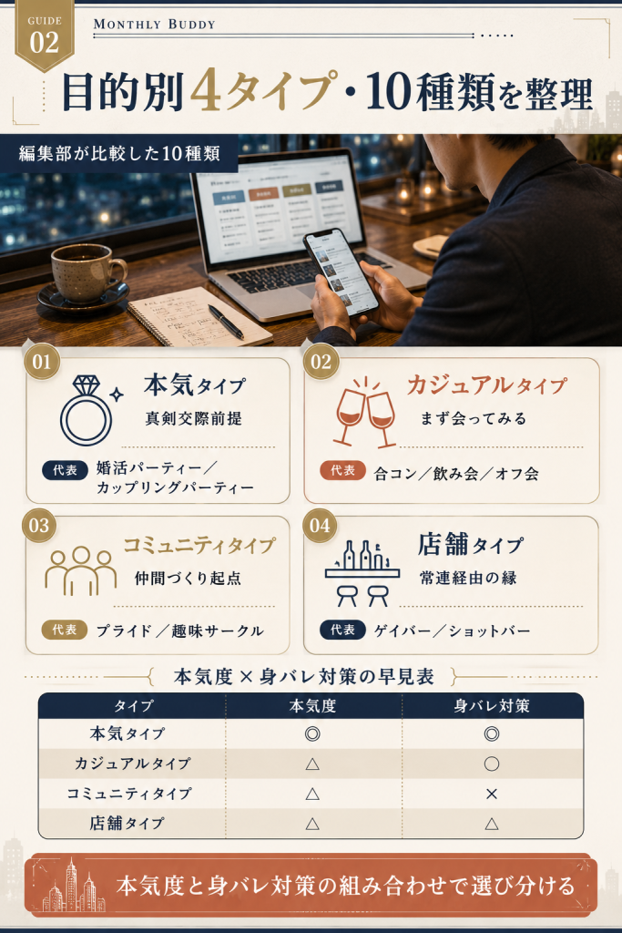 LGBT出会いイベント10種類を4タイプに整理した比較早見表
