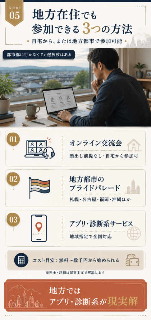 地方在住者でもLGBT出会いに参加できる3つの方法(オンライン・地方プライド・アプリ診断系)の整理図