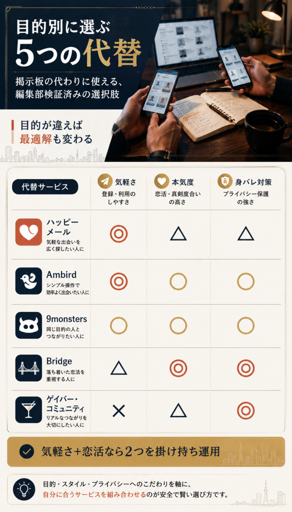 ハッピーメール・Ambird・9monsters・Bridge・ゲイバーの5サービスを気軽さ・本気度・身バレ対策の3軸で比較した図解