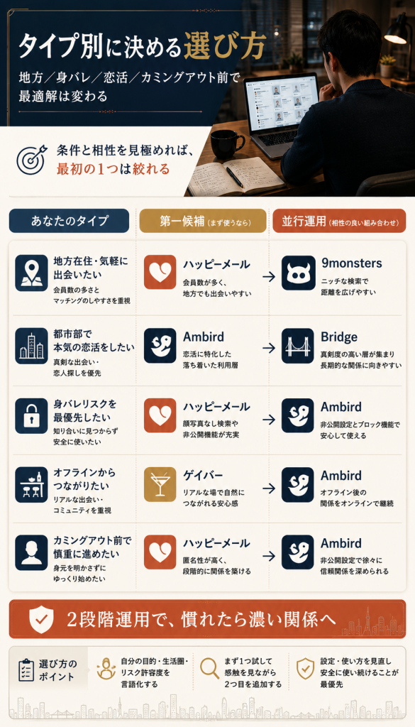 地方在住・身バレ重視・恋活・カミングアウト前の5タイプ別に、第一候補と並行運用先を整理した図解