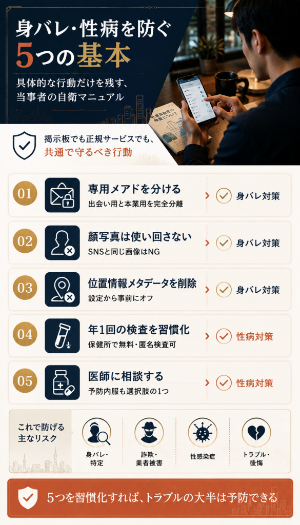 身バレ対策3つと性病対策2つの計5つの具体的な行動を番号付きで整理した自衛マニュアル図解