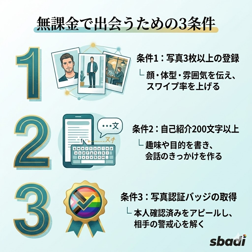 SURGEで無課金で出会うための3条件。写真3枚以上の登録、自己紹介200文字以上、写真認証バッジの取得