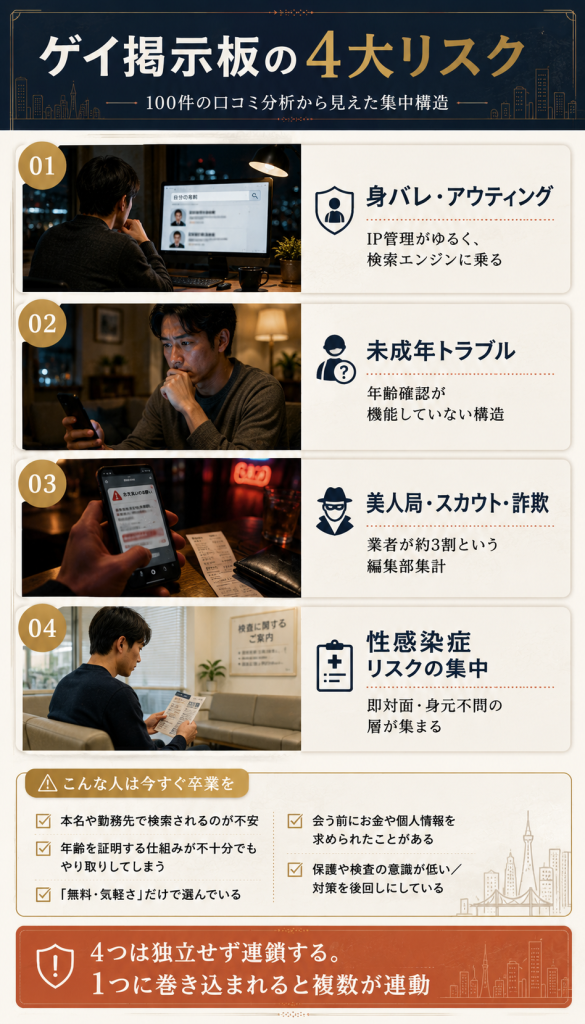ゲイ掲示板の4大リスク(身バレ/未成年/詐欺/性病)を編集部の100件分析からまとめた図解