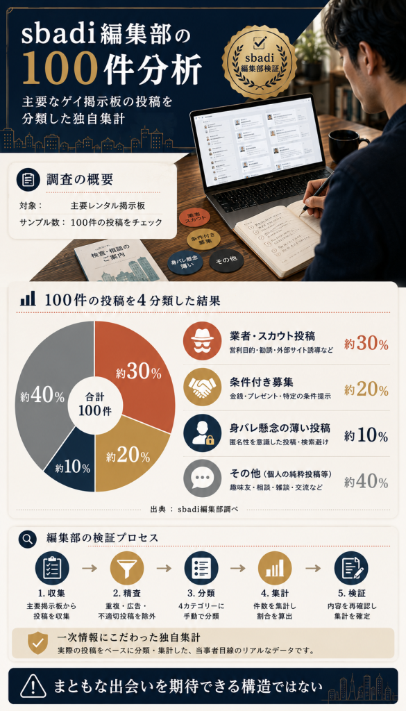 sbadi編集部が主要なゲイ掲示板の投稿100件を分類した独自集計データの可視化図解