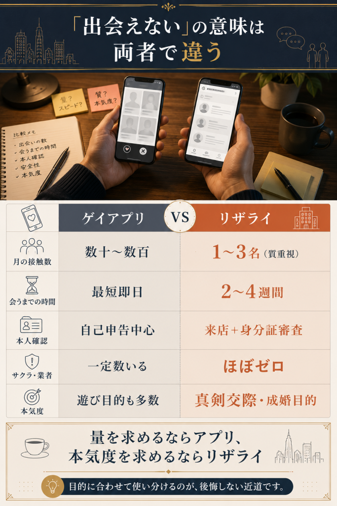 ゲイアプリとリザライの設計思想の違いを5観点で対比した比較表