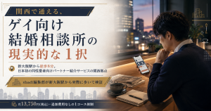リザライ大阪店の特徴を1枚で整理。新大阪駅徒歩8分・月13,750円・来店必須の関西ゲイ婚活の現実的な選択肢を視覚化した図解