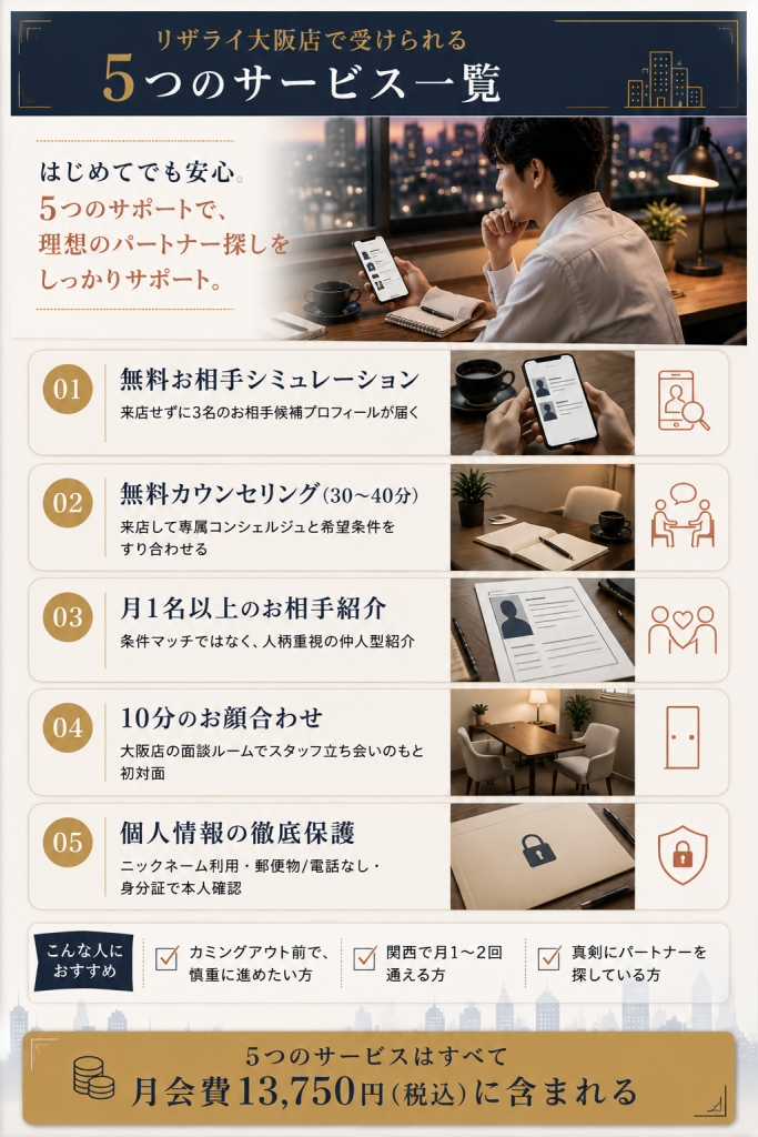 リザライ大阪店で受けられる5つのサービス(シミュレーション・カウンセリング・お相手紹介・お見合い・プライバシー保護)を一覧化した図解