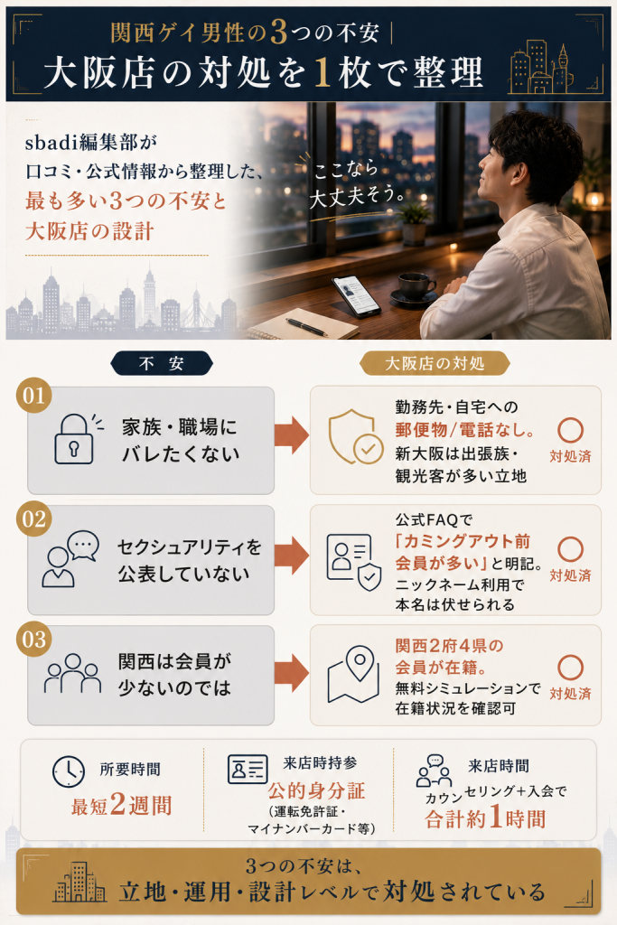 関西ゲイ男性の不安TOP3(身バレ・カミングアウト・会員数)とリザライ大阪店の対処を対比した図解
