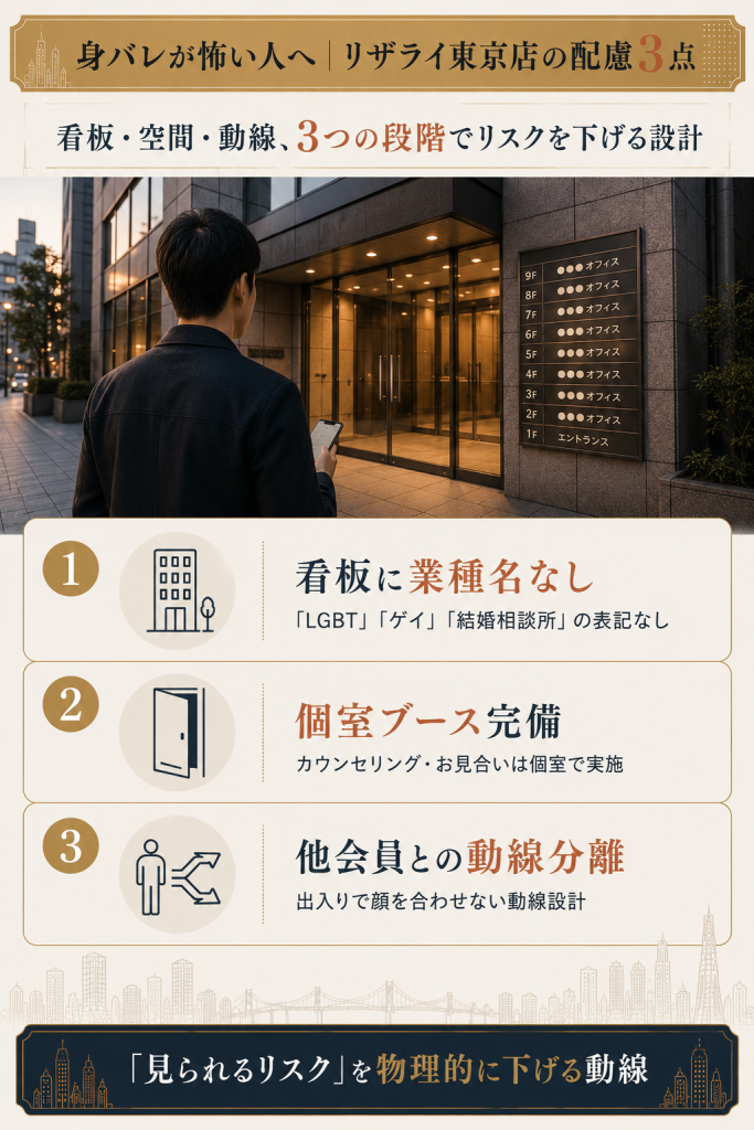 リザライ東京店の身バレ配慮3点|看板に業種名なし・個室ブース完備・他会員との動線分離