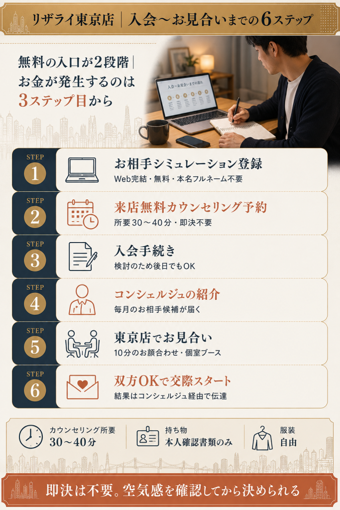 リザライ東京店の入会〜お見合いまでの6ステップフロー|無料の入口が2段階・お金は3ステップ目から