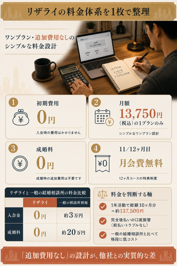 リザライの料金は初期費用0円・月額13,750円ワンプラン・成婚料0円・11/12ヶ月目無料