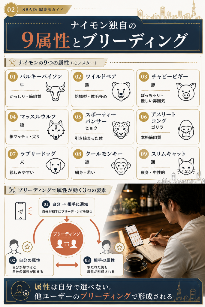 ナイモン独自の9属性(モンスター)とブリーディング機能の全体像を視覚化した図解