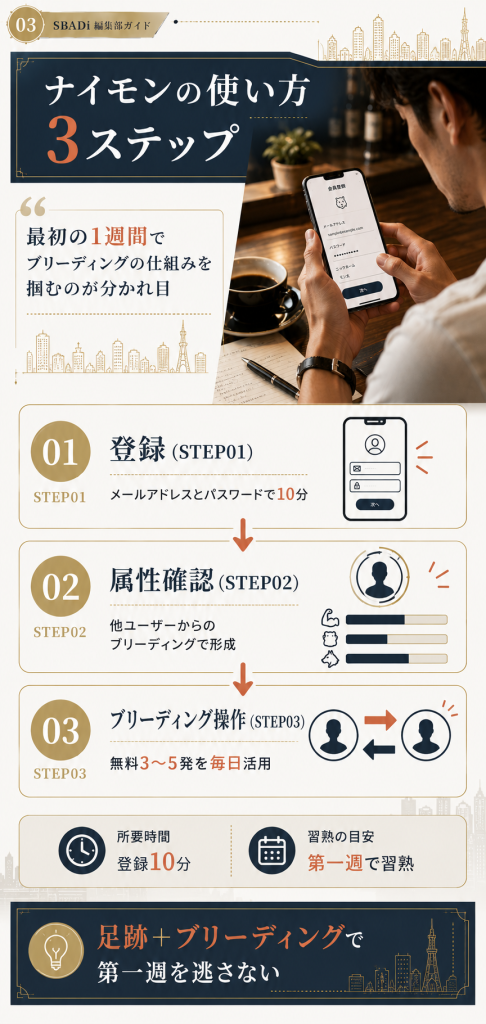 ナイモンの使い方を「登録→属性把握→ブリーディング操作」の3ステップで示すフロー図解