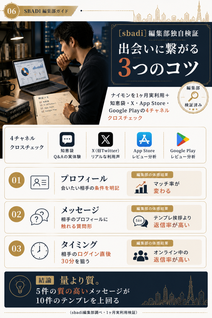 sbadi編集部が1ヶ月実利用検証で導いた、ナイモンで出会いに繋がる3つのコツを可視化した図解