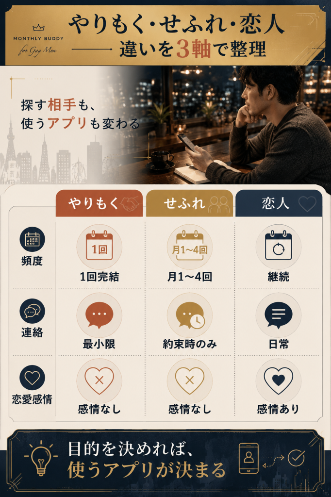 ゲイのやりもく・せふれ・恋人の違いを頻度・連絡・恋愛感情の3軸で整理