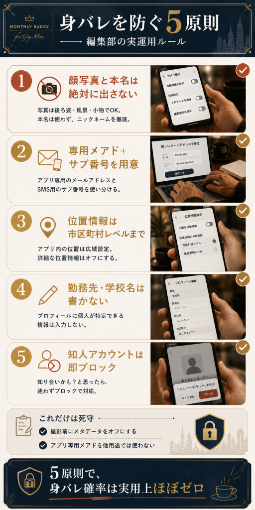 ゲイのやりもく・せふれで身バレを防ぐ5原則・顔写真と本名の絶対回避から知人ブロックまで