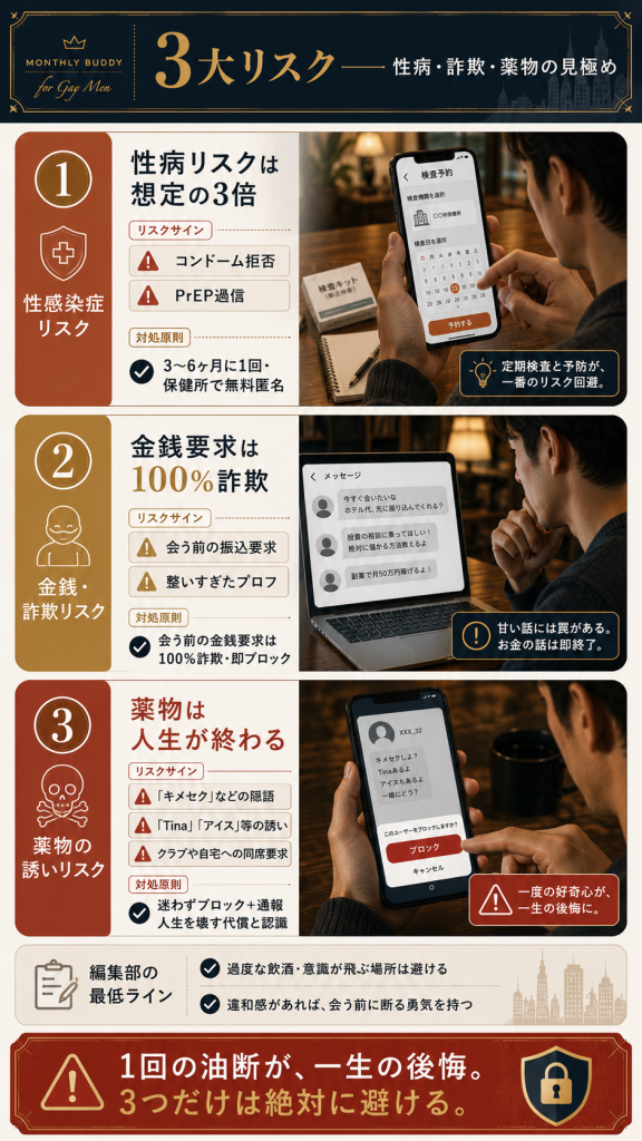 ゲイのやりもく・せふれ3大リスク・性感染症と金銭詐欺と薬物の見極め方
