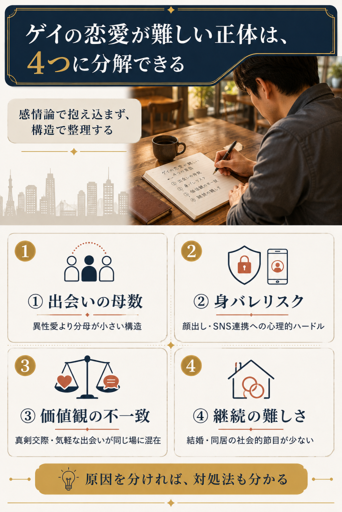 ゲイの恋愛の難しさを「出会いの母数・身バレ・価値観の不一致・継続の難しさ」の4要因に分解した編集部独自フレームワーク図解