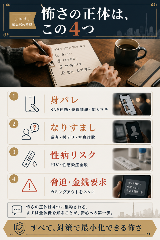 身バレ・なりすまし・性病・脅迫の4カテゴリーに整理した図解