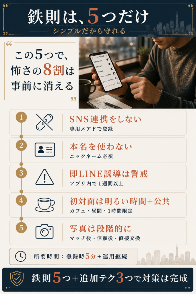 5つの鉄則を順番に実行するステップフロー図解