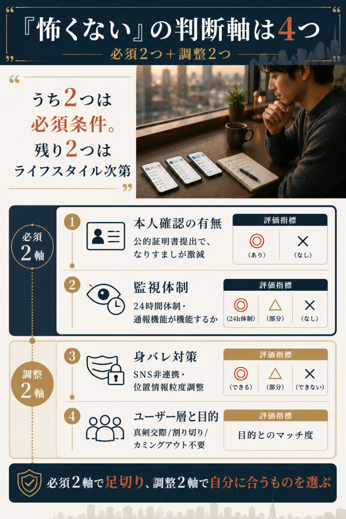 必須2軸と調整2軸でアプリを選ぶ4軸判断基準の図解