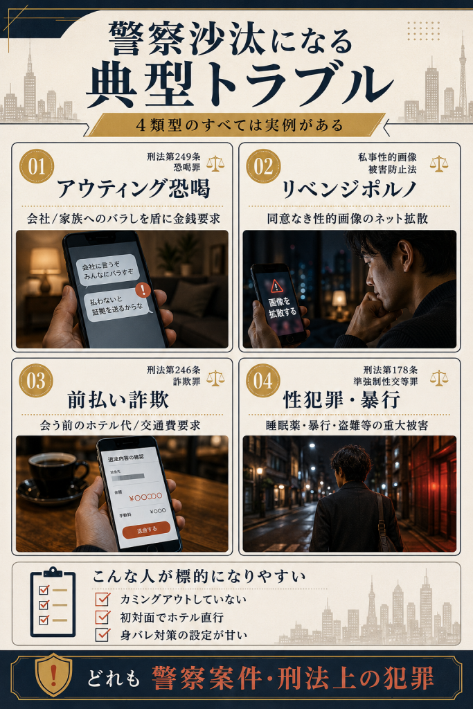 ナイモンで警察沙汰に発展する4類型(アウティング恐喝・リベンジポルノ・前払い詐欺・性犯罪)と該当法令の対応図