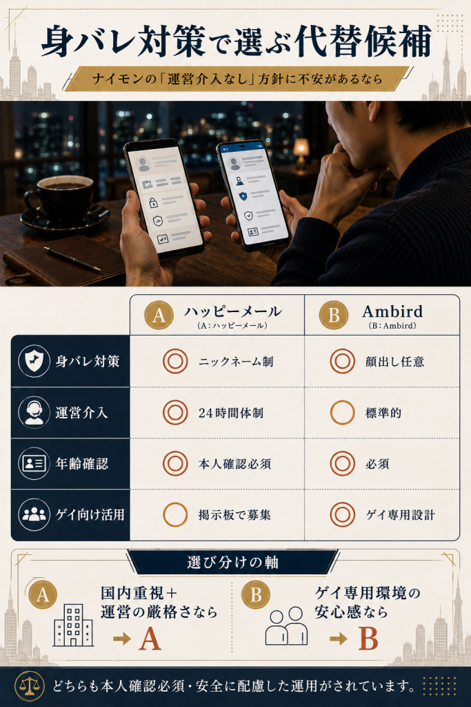 ナイモンの代替候補となるアプリAとアプリBを身バレ対策・運営介入・年齢確認の4軸で中立比較する図